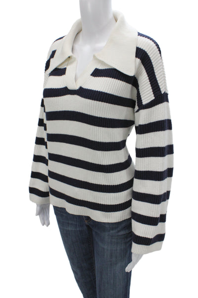 Aqua Women Black Striped Collared Sweater Cotton Long Sleeve Size L