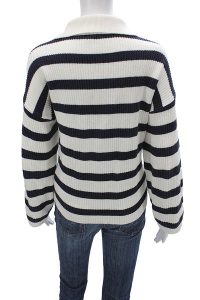 Aqua Women Black Striped Collared Sweater Cotton Long Sleeve Size L