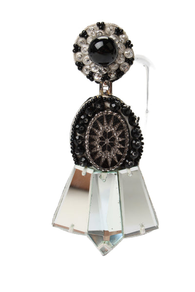 Ranjana Khan Womens Silver Tone Crystal Art Deco ClipOn Dangle Earrings