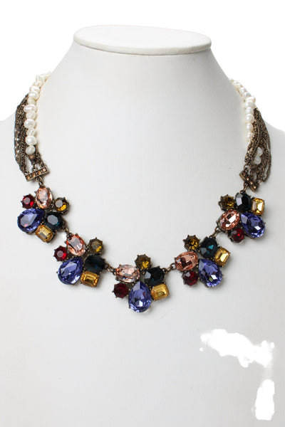 Badgley Mischka Womens Brass Pearl + Rhinestone Statement Necklace 20"