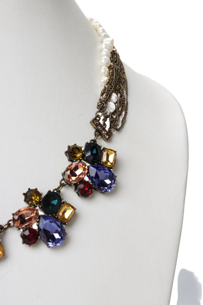 Badgley Mischka Womens Brass Pearl + Rhinestone Statement Necklace 20"