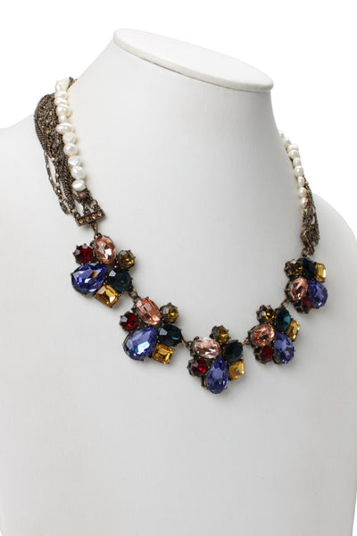 Badgley Mischka Womens Brass Pearl + Rhinestone Statement Necklace 20"