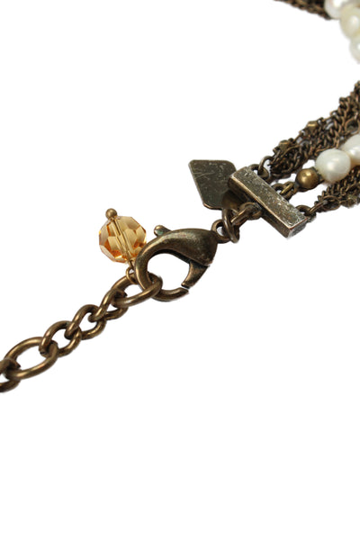 Badgley Mischka Womens Brass Pearl + Rhinestone Statement Necklace 20"
