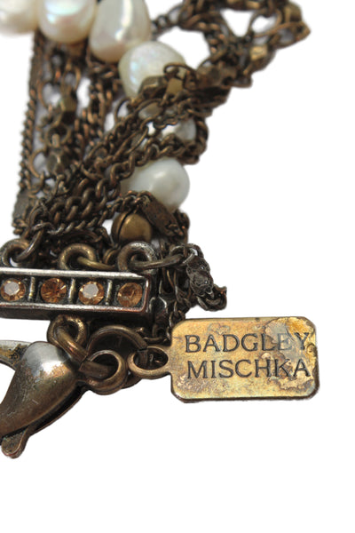 Badgley Mischka Womens Brass Pearl + Rhinestone Statement Necklace 20"