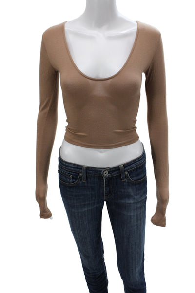 Joah Brown Womens Basic Scoop Neck Long Sleeve T Shirt Brown Size XS