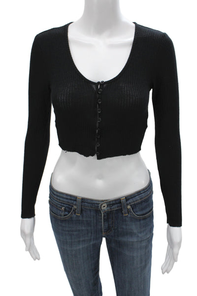 Joah Brown Women Cropped Button-Up Black Scoop Neck Long Sleeve Size S
