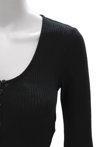 Joah Brown Women Cropped Button-Up Black Scoop Neck Long Sleeve Size S