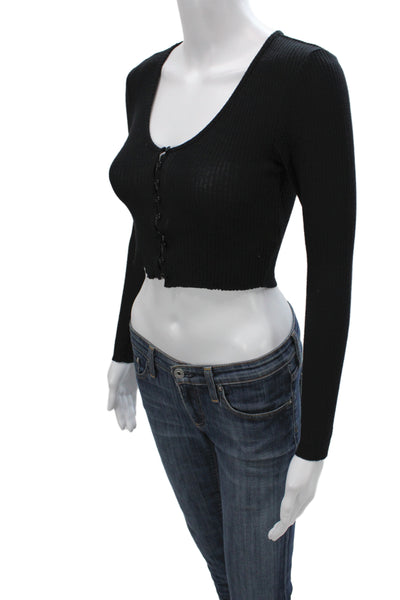 Joah Brown Women Cropped Button-Up Black Scoop Neck Long Sleeve Size S