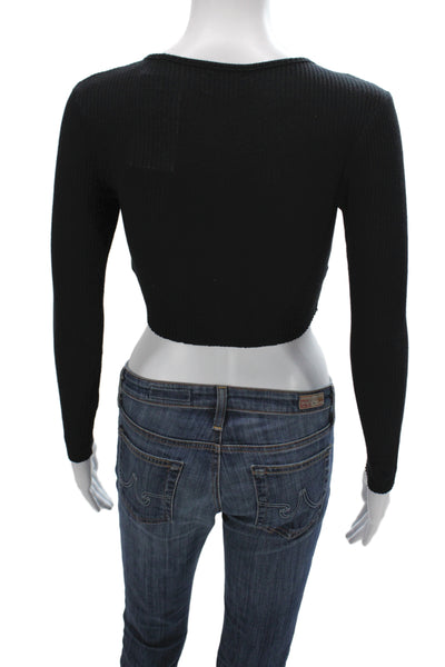 Joah Brown Women Cropped Button-Up Black Scoop Neck Long Sleeve Size S