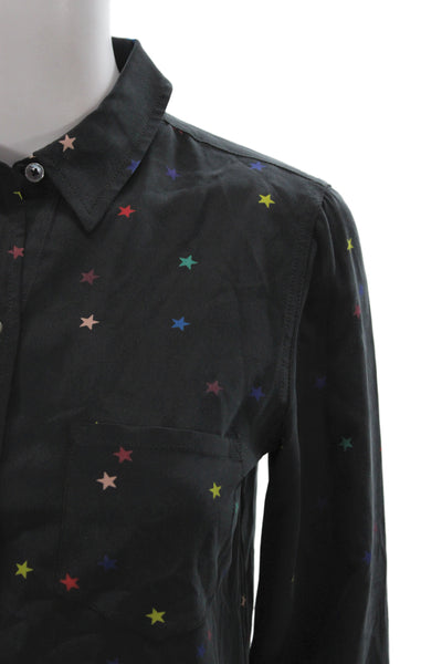 Rails Womens Black Silk Collared Button Up Geometric Long Sleeve Size XS