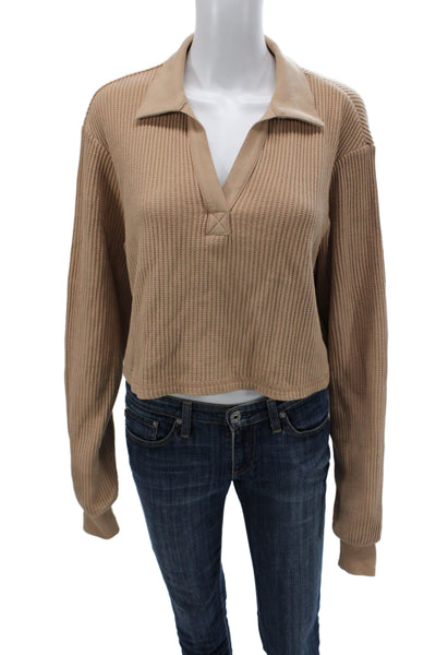 The Range Women Cropped Collared Polo Beige 97% Cotton Long Sleeve Size S