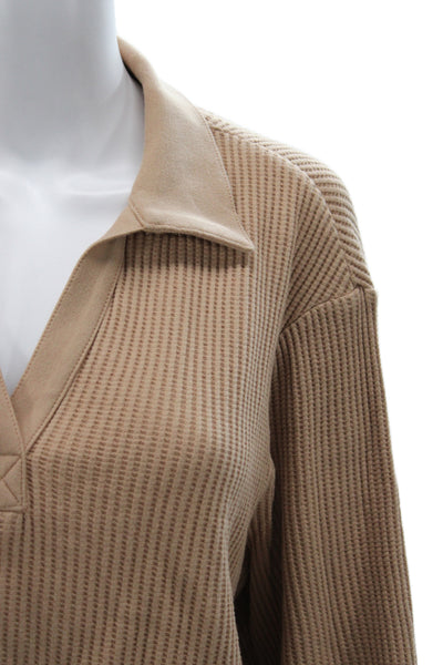 The Range Women Cropped Collared Polo Beige 97% Cotton Long Sleeve Size S