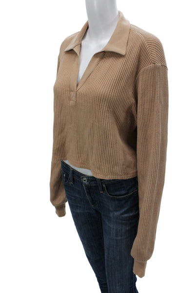The Range Women Cropped Collared Polo Beige 97% Cotton Long Sleeve Size S