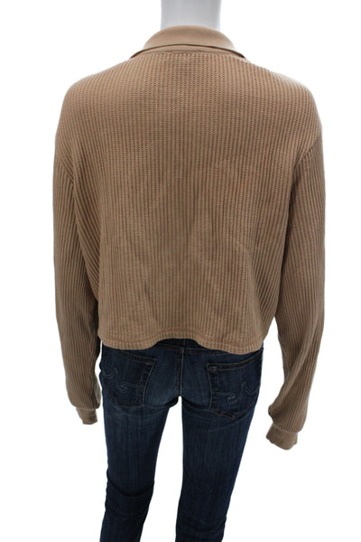 The Range Women Cropped Collared Polo Beige 97% Cotton Long Sleeve Size S