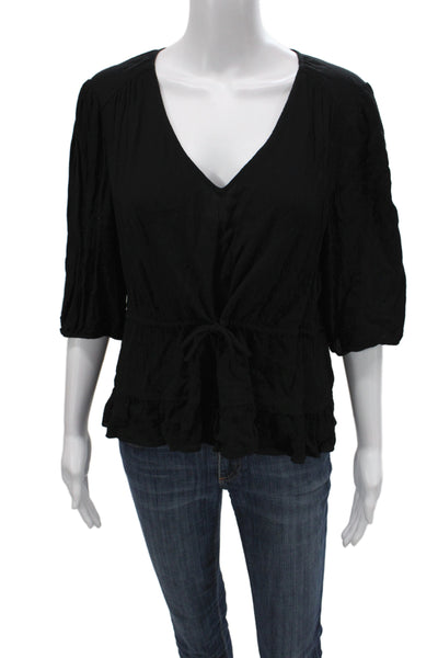 Ba&Sh Womens Boho Tunic Black V-Neck 3/4 Sleeve Tie 100% Viscose Size 2