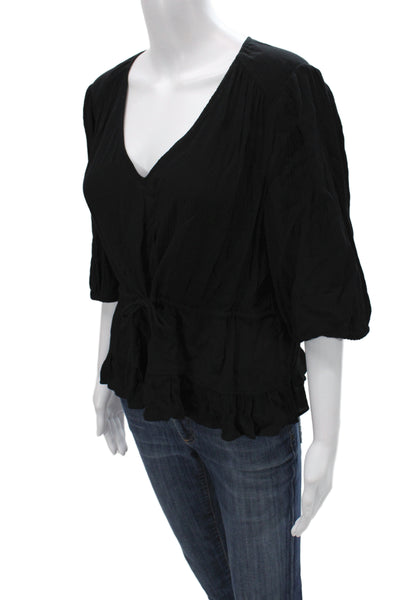 Ba&Sh Womens Boho Tunic Black V-Neck 3/4 Sleeve Tie 100% Viscose Size 2