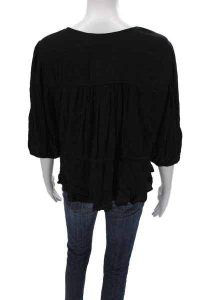 Ba&Sh Womens Boho Tunic Black V-Neck 3/4 Sleeve Tie 100% Viscose Size 2