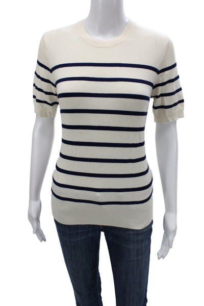 Zara Women Striped Blue Knit Pullover Crew Neck Short Sleeve Nautical Size L