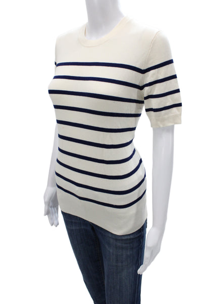 Zara Women Striped Blue Knit Pullover Crew Neck Short Sleeve Nautical Size L