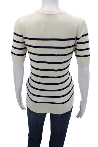 Zara Women Striped Blue Knit Pullover Crew Neck Short Sleeve Nautical Size L