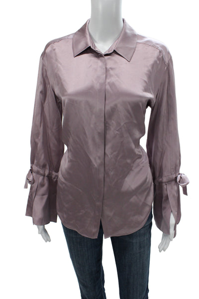 Cinq A Sept Women Silk Collared Button Long Sleeve Purple Blouse Size S