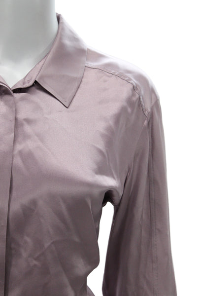 Cinq A Sept Women Silk Collared Button Long Sleeve Purple Blouse Size S