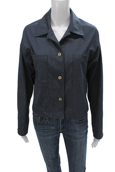 Sessun Womens Striped Collared Basic Jacket Blue Button Long Sleeve Size M