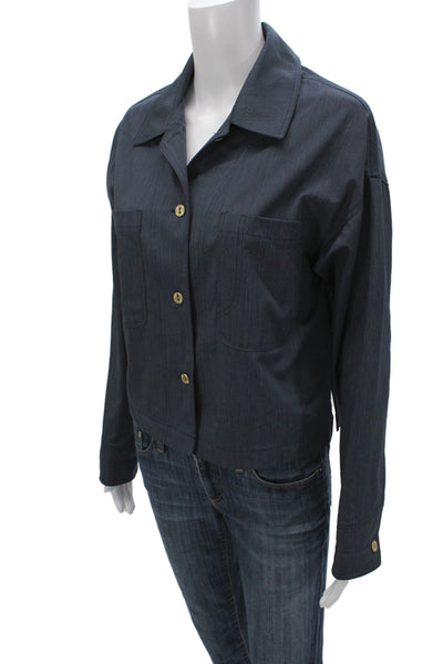 Sessun Womens Striped Collared Basic Jacket Blue Button Long Sleeve Size M