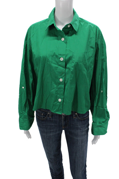 Madewell Women Cropped Button-Up Collared Long Sleeve Green Cotton Top Size S