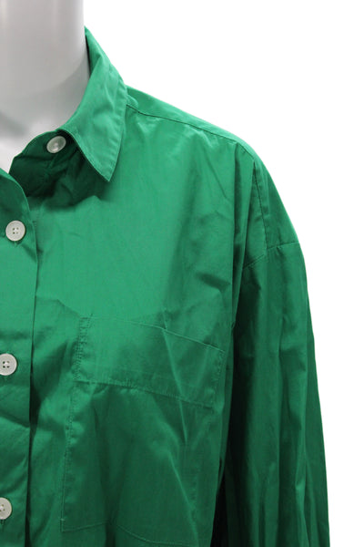 Madewell Women Cropped Button-Up Collared Long Sleeve Green Cotton Top Size S
