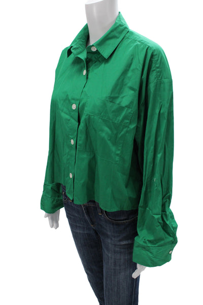 Madewell Women Cropped Button-Up Collared Long Sleeve Green Cotton Top Size S