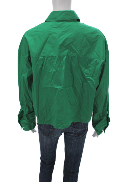 Madewell Women Cropped Button-Up Collared Long Sleeve Green Cotton Top Size S