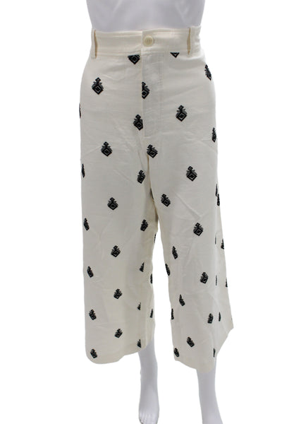 Zara Women Cropped White Geometric Polyester Pants Boho Size L