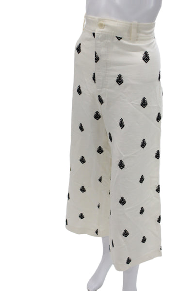 Zara Women Cropped White Geometric Polyester Pants Boho Size L