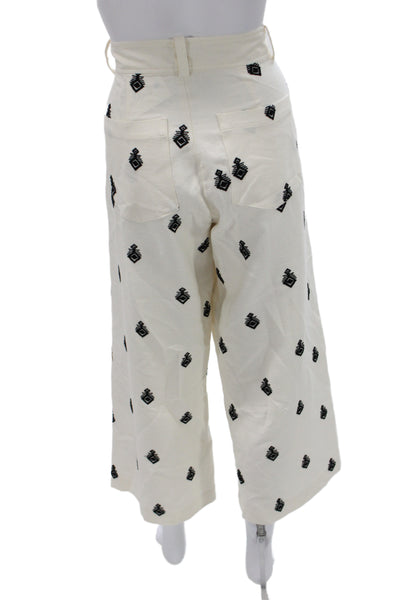 Zara Women Cropped White Geometric Polyester Pants Boho Size L