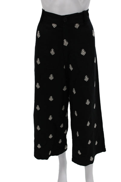 Zara Womens Cropped Black Linen Geometric Boho Pants Button Inseam 28 Size L