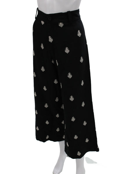 Zara Womens Cropped Black Linen Geometric Boho Pants Button Inseam 28 Size L