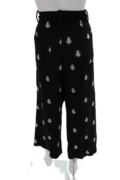 Zara Womens Cropped Black Linen Geometric Boho Pants Button Inseam 28 Size L