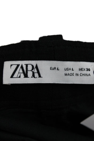 Zara Womens Cropped Black Linen Geometric Boho Pants Button Inseam 28 Size L