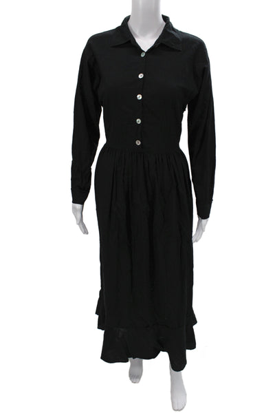 Natalie Martin Women Black Cotton Maxi Dress Long Sleeve Collared Button Size M