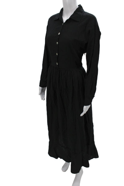 Natalie Martin Women Black Cotton Maxi Dress Long Sleeve Collared Button Size M