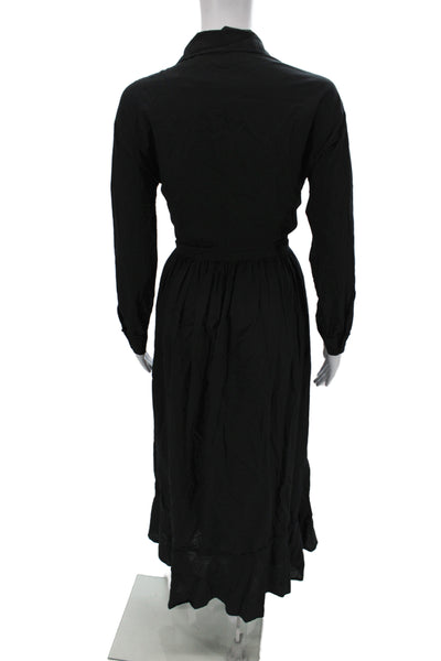 Natalie Martin Women Black Cotton Maxi Dress Long Sleeve Collared Button Size M