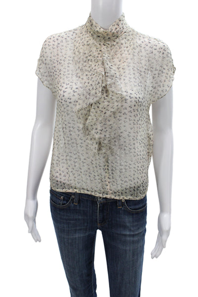 Marccain Women Silk Floral High Neck Button Short Sleeve Blouse Beige Size 1