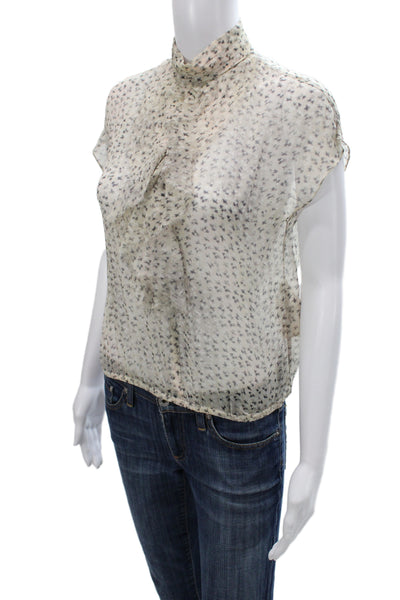 Marccain Women Silk Floral High Neck Button Short Sleeve Blouse Beige Size 1