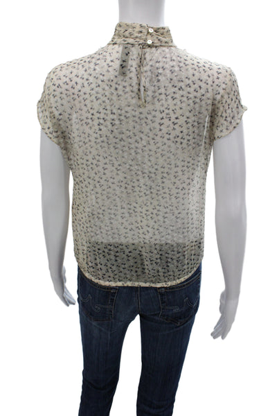 Marccain Women Silk Floral High Neck Button Short Sleeve Blouse Beige Size 1