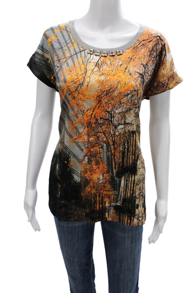 Marccain Women Jersey Scoop Neck Silk Geometric Short Sleeve Top Size 4