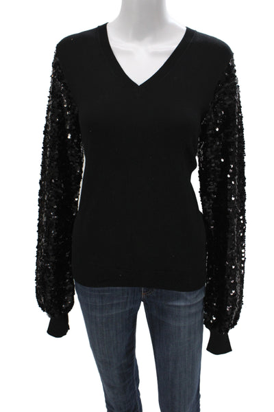 Leo & Ugo Women Black V-Neck Sequin Pullover Sweater Long Sleeve Size 3
