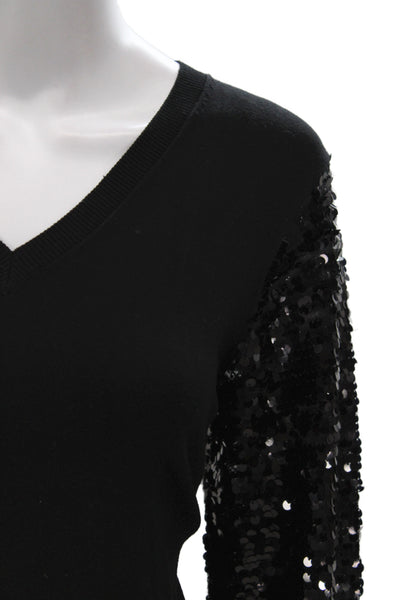 Leo & Ugo Women Black V-Neck Sequin Pullover Sweater Long Sleeve Size 3