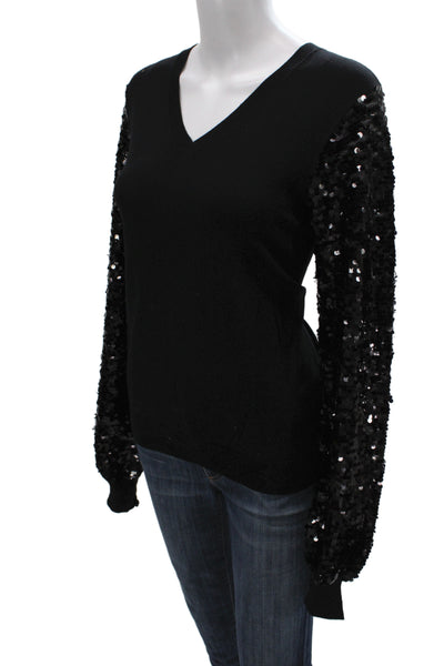 Leo & Ugo Women Black V-Neck Sequin Pullover Sweater Long Sleeve Size 3