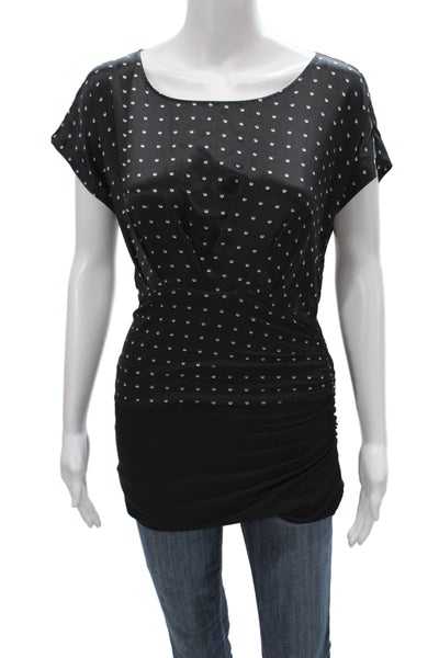 Marccain Women Tunic Blouse Black Polka Dot Silk Scoop Neck Short Sleeve Size 4
